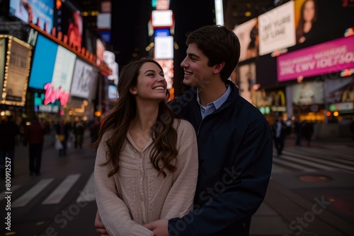 Young couple smiling and walking in Times Square, New York City