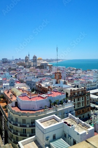 Panoramic view of old city Cadiz, Spain. Aerial cityscape of rooftops and Cathedral de Santa Cruz. Atlantic ocean, Andalusia region