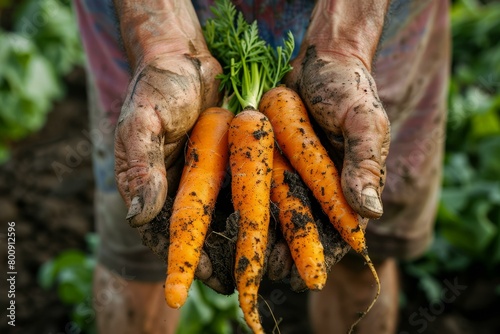 Farmer holding freshly harvested carrots in his hands