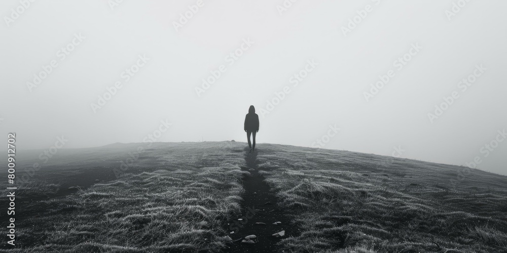 alone person walking in a foggy field