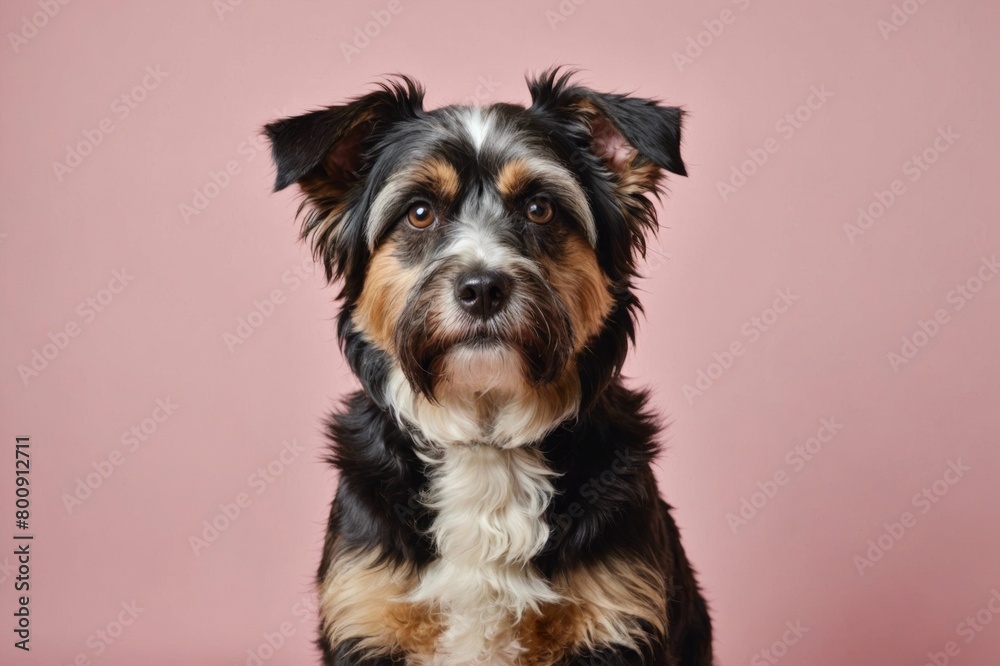 Portrait of Schapendoes dog looking at camera, copy space. Studio shot.