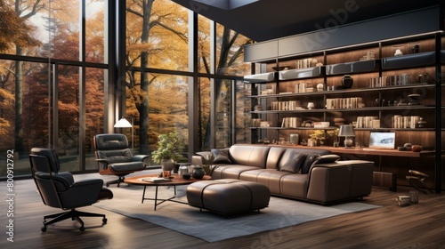 Modern living room interior with large windows and a view of the autumn forest photo