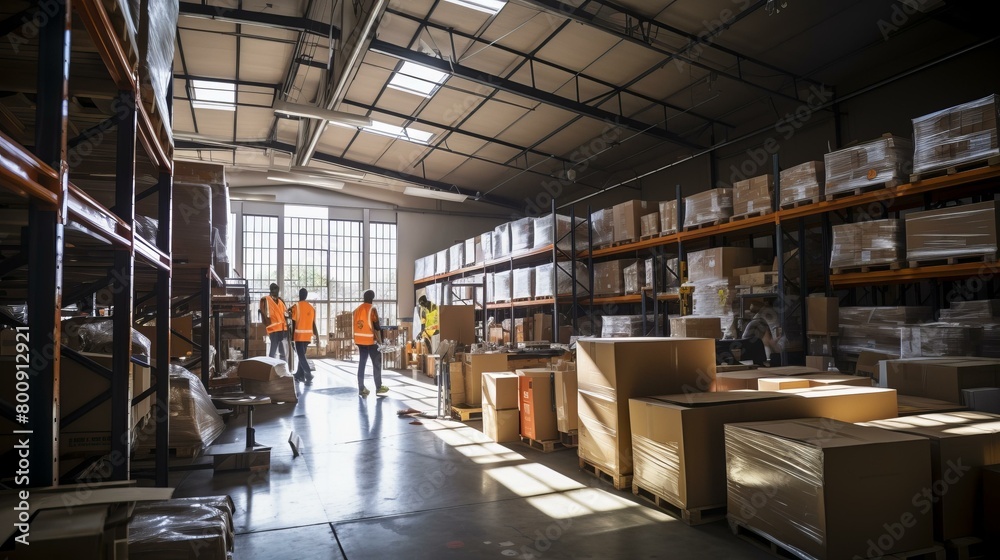 Four warehouse workers in a large warehouse