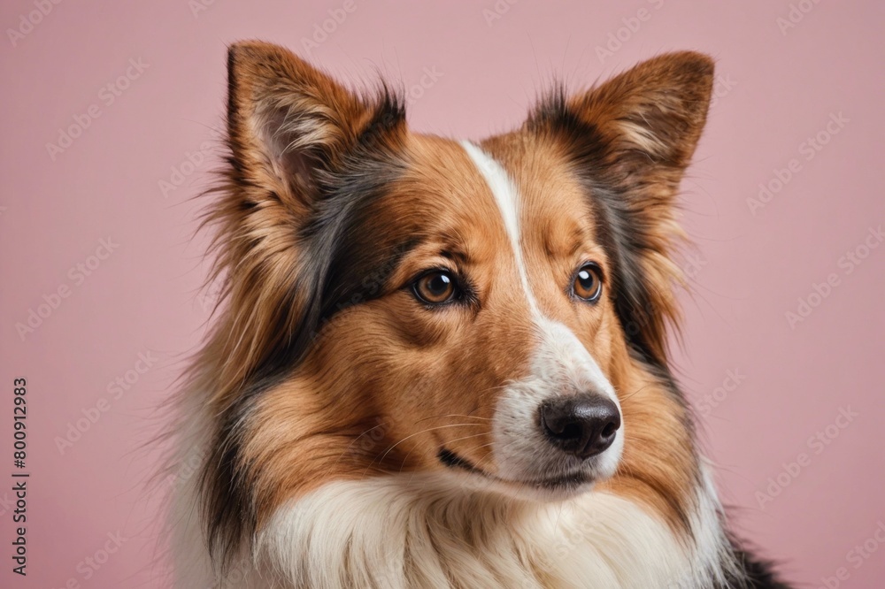 Portrait of Shetland Sheepdog dog looking at camera, copy space. Studio shot.