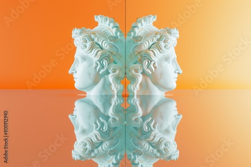 Two statues of a woman's face are reflected in a mirror