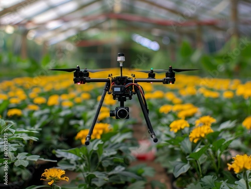 A drone flies over a field of yellow flowers