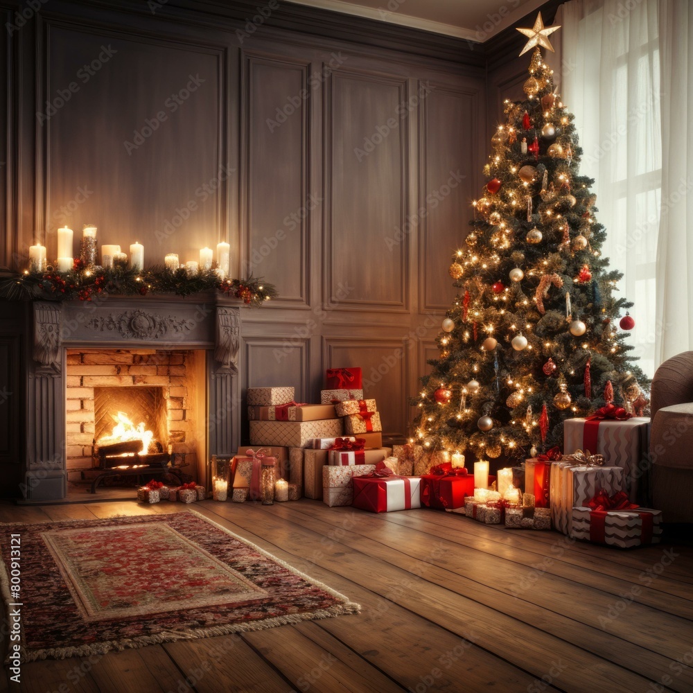 A beautiful living room with a fireplace and a Christmas tree