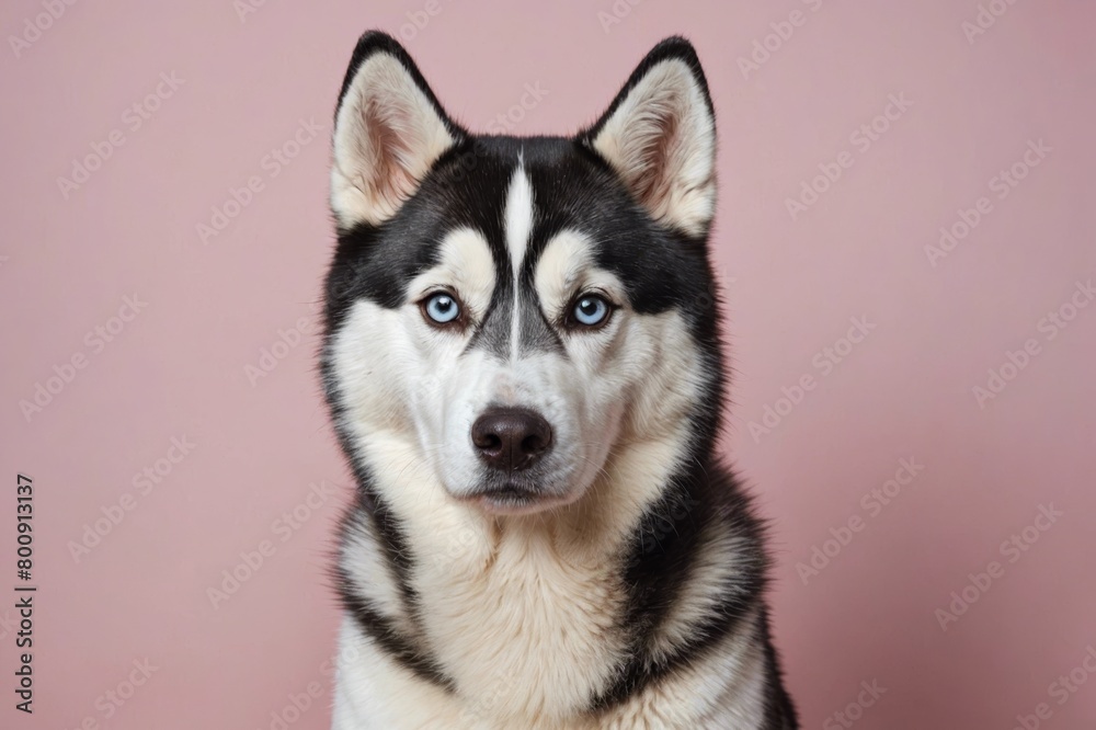 Portrait of Siberian Husky dog looking at camera, copy space. Studio shot.