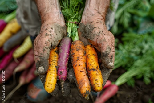 A farmer holds freshly-harvested carrots in their hands