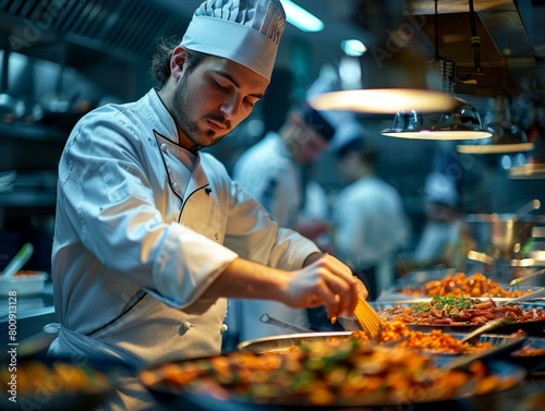 Focused male chef cooking in a busy restaurant kitchen