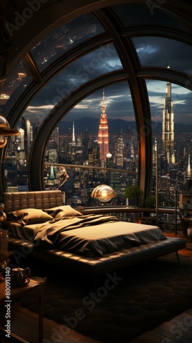 Futuristic bedroom with a view of the city at night