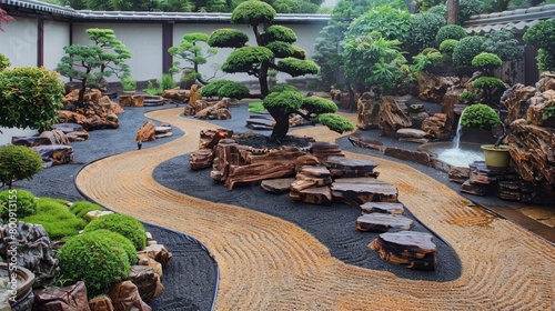 A peaceful garden with raked gravel paths and bonsai trees.