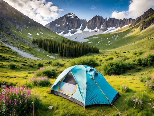 Stunning mountain campsite with vibrant tent, a perfect summer getaway for adventurous tourists design. 
