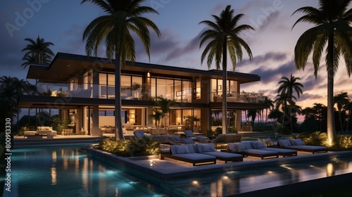 A modern house with a pool and palm trees
