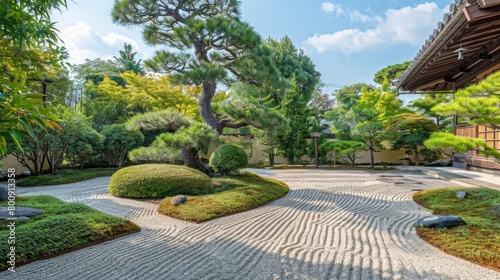 A peaceful garden with raked gravel paths and bonsai trees.