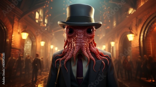  An octopus wearing a top hat conducts an orchestra of bioluminescent fish in a cavern filled with echoes of celestial music.  3D Action realistic photo