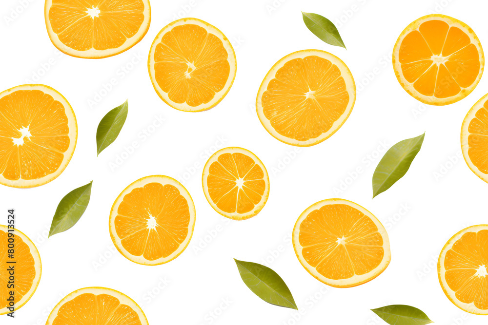 Obraz premium Bright orange slices arrayed on a transparent background, showcasing varying cuts from full rounds to wedges. Generative AI