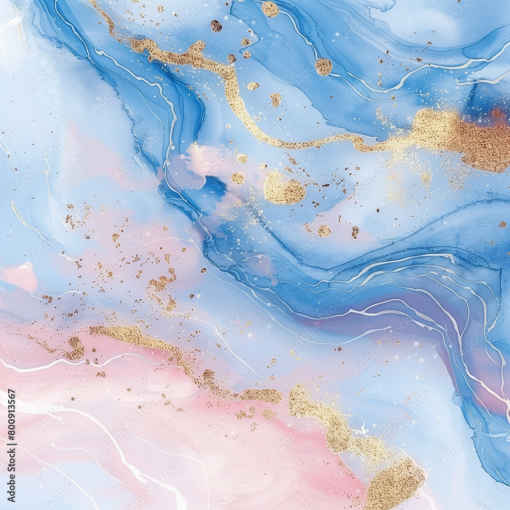 Fototapeta premium Light Blue and Pink Watercolor Marble Background with Rose Gold