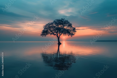 Lonely Tree in the Middle of the Ocean During Sunset