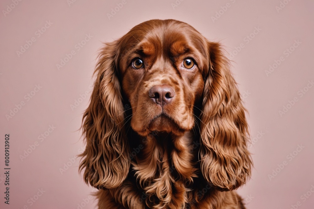 Portrait of Sussex Spaniel dog looking at camera, copy space. Studio shot.