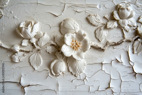 White bas-relief of flowers and leaves on a cracked wall