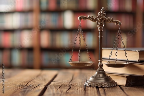 A scale of justice sitting on top of a wooden table, books are on blurred background. Law and the legal system