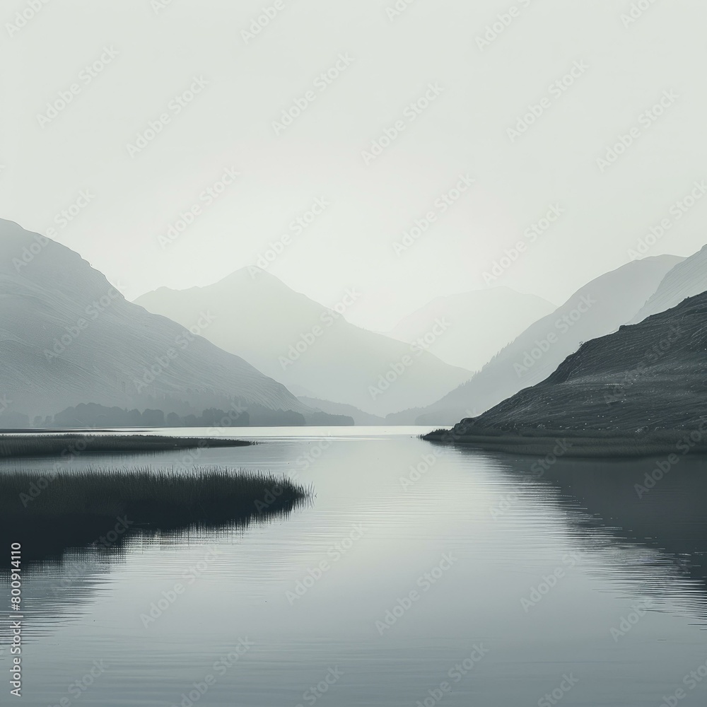 Black and white misty mountains and lake landscape