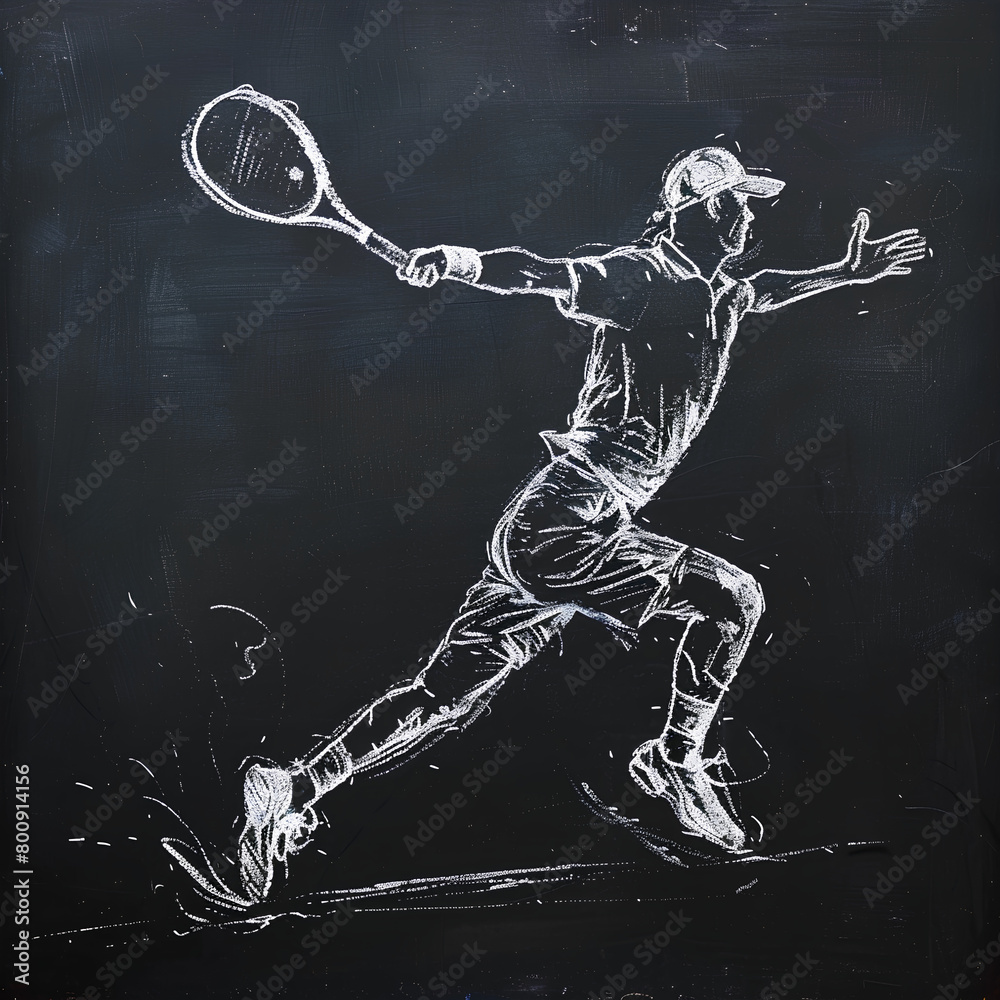 Dynamic Chalk Tennis Player on Dark Background, Action-Packed Serve Dynamic Chalk Tennis Player on Dark Background, Action-Packed Serve