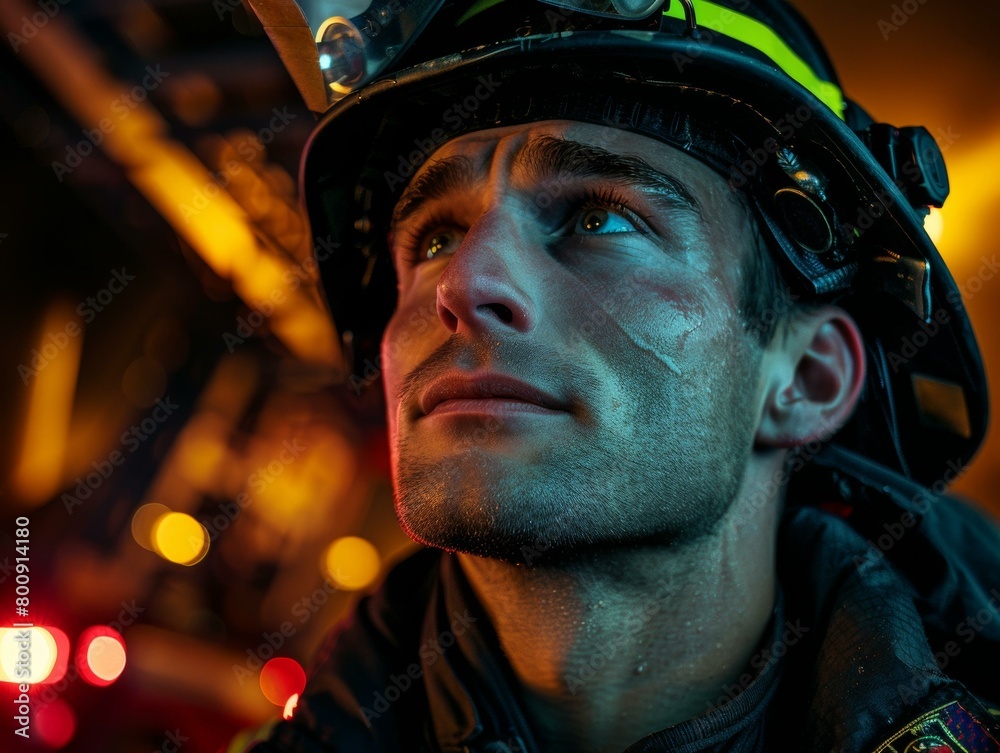 Firefighter looks up at a building on fire Firefighter looks up at a building on fire