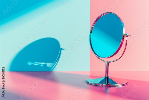 A mirror is sitting on a table with a pink and blue background