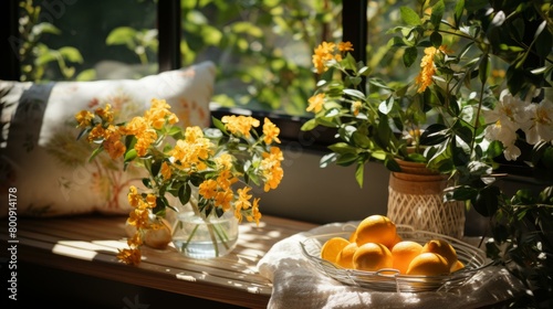 Still life with lemons and yellow flowers by the window photo