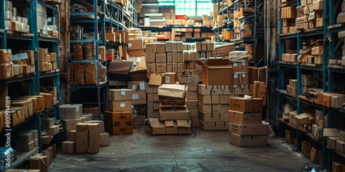 A large warehouse filled with cardboard boxes. photo