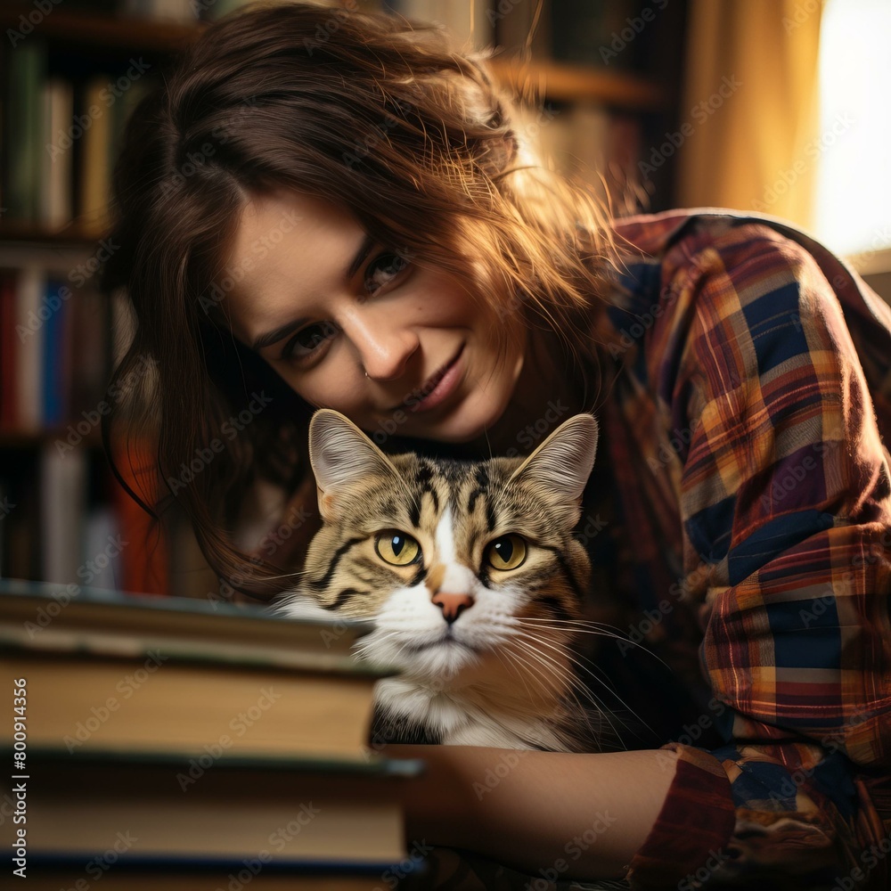 A young woman with long brown hair and a plaid shirt is sitting in a library, reading a book. A tabby cat is sitting on her lap. A young woman with long brown hair and a plaid shirt is sitting in a library, reading a book. A tabby cat is sitting on her lap.