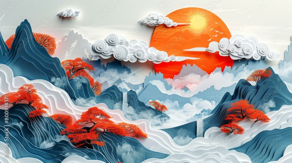 Blue and orange paper cut mountains and clouds landscape illustration