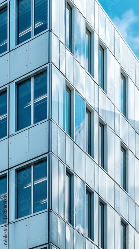 Blue and white modern office building with glass windows reflecting the sky