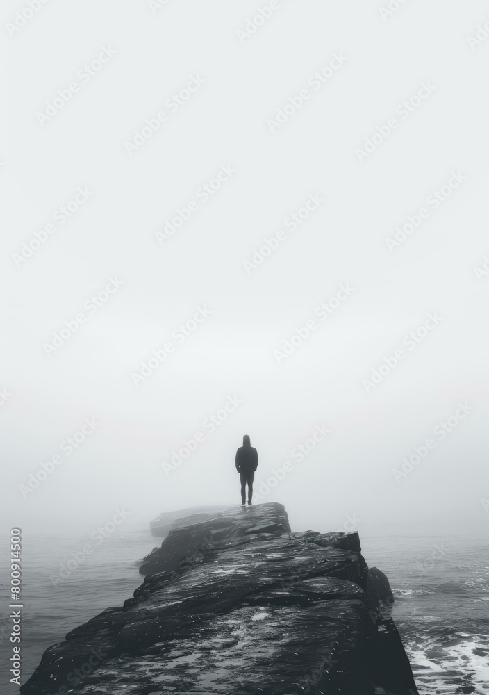 Man standing alone on a pier in the fog