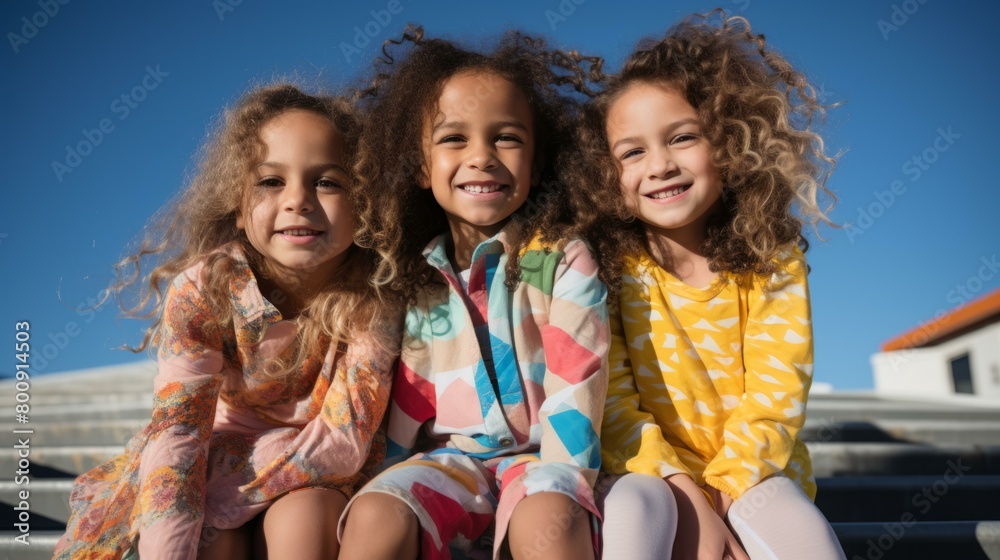 Three young girls with curly hair sitting on the steps and smiling Three young girls with curly hair sitting on the steps and smiling