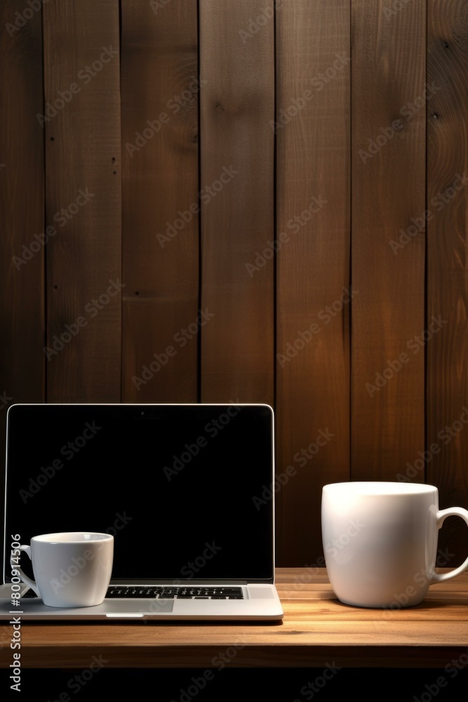 Laptop and coffee cups on a wooden table Laptop and coffee cups on a wooden table