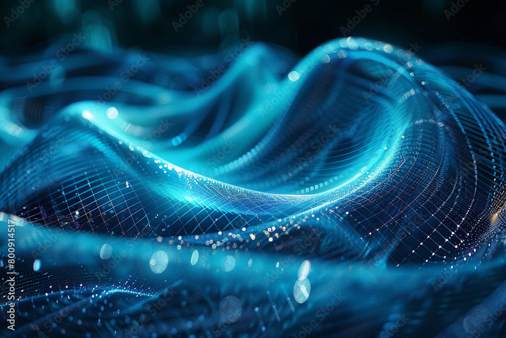 Wonder and curiosity flow from the vibrant azure fractal grid waves' hypnotic swirls.