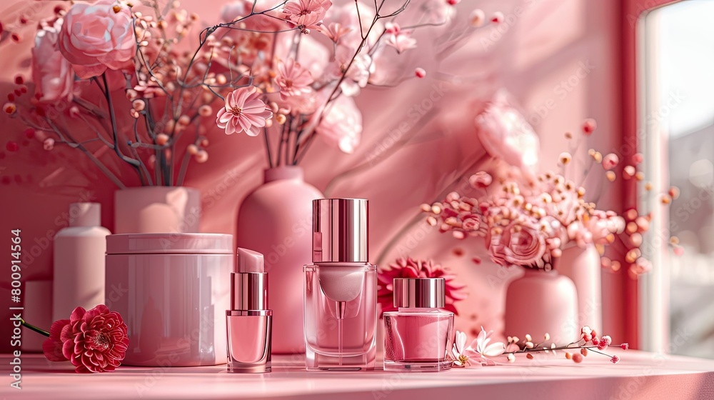 Beautiful pink perfume bottles on table in room Beautiful pink perfume bottles on table in room