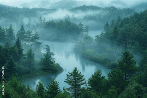 Mystical forest landscape with foggy lake and lush trees
