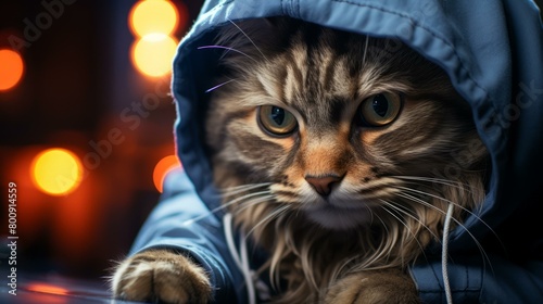 A cat wearing a blue hoodie © Adobe Contributor