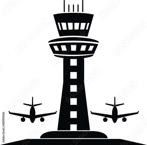 Airport Control Tower Logo And Icon with silhouette control tower icon vector isolated on white background.