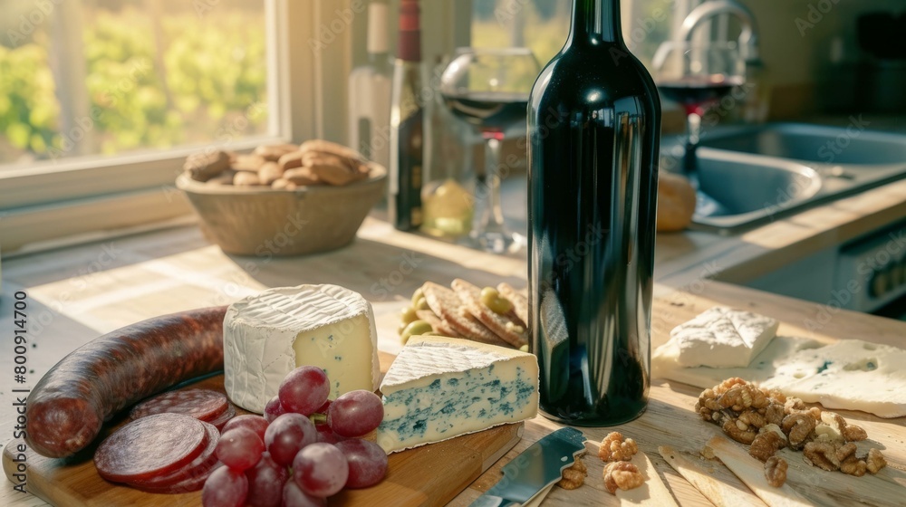 Red wine and cheese platter on a wooden table Red wine and cheese platter on a wooden table