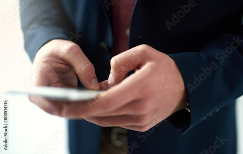 Businessman  hands and mobile phone in workplace for communication  networking and email. Technology  contact and social media online for research  marketing and corporate male person in office