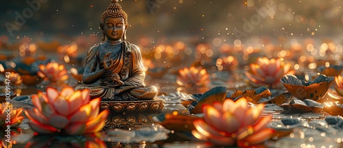 Buddha statue with lotus flower and water drop on the ground. The concept of celebrating Vesak photo