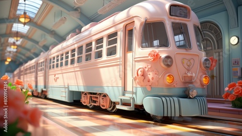 A pink and blue train sits in a station