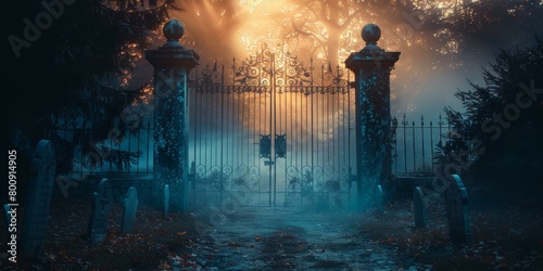 Mystical foggy cemetery gates with gravestones in the background