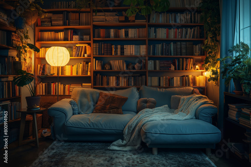 Cozy evening in a home library with warm ambient light