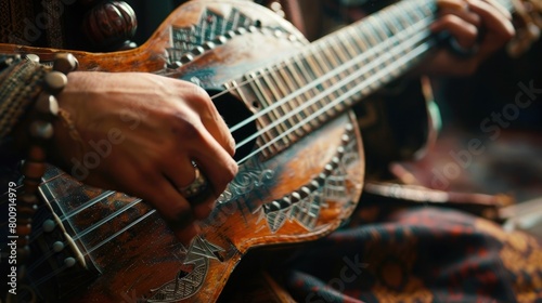A captivating image of a musician's hands playing a unique handcrafted instrument, blending creativity and musicality on National Creativity Day. photo